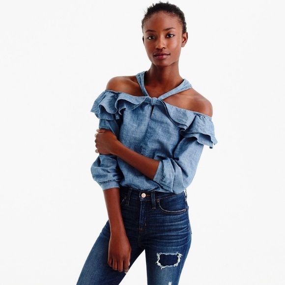 🔥 J. Crew Off the Shoulder Tie Neck Chambray Top - Picture 3 of 5